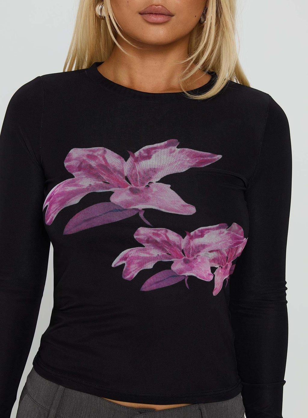 Floral Graphic Long Sleeve Fitted Tee - Black - 1