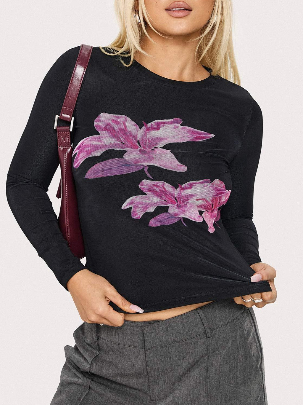 Floral Graphic Long Sleeve Fitted Tee - Black - 3