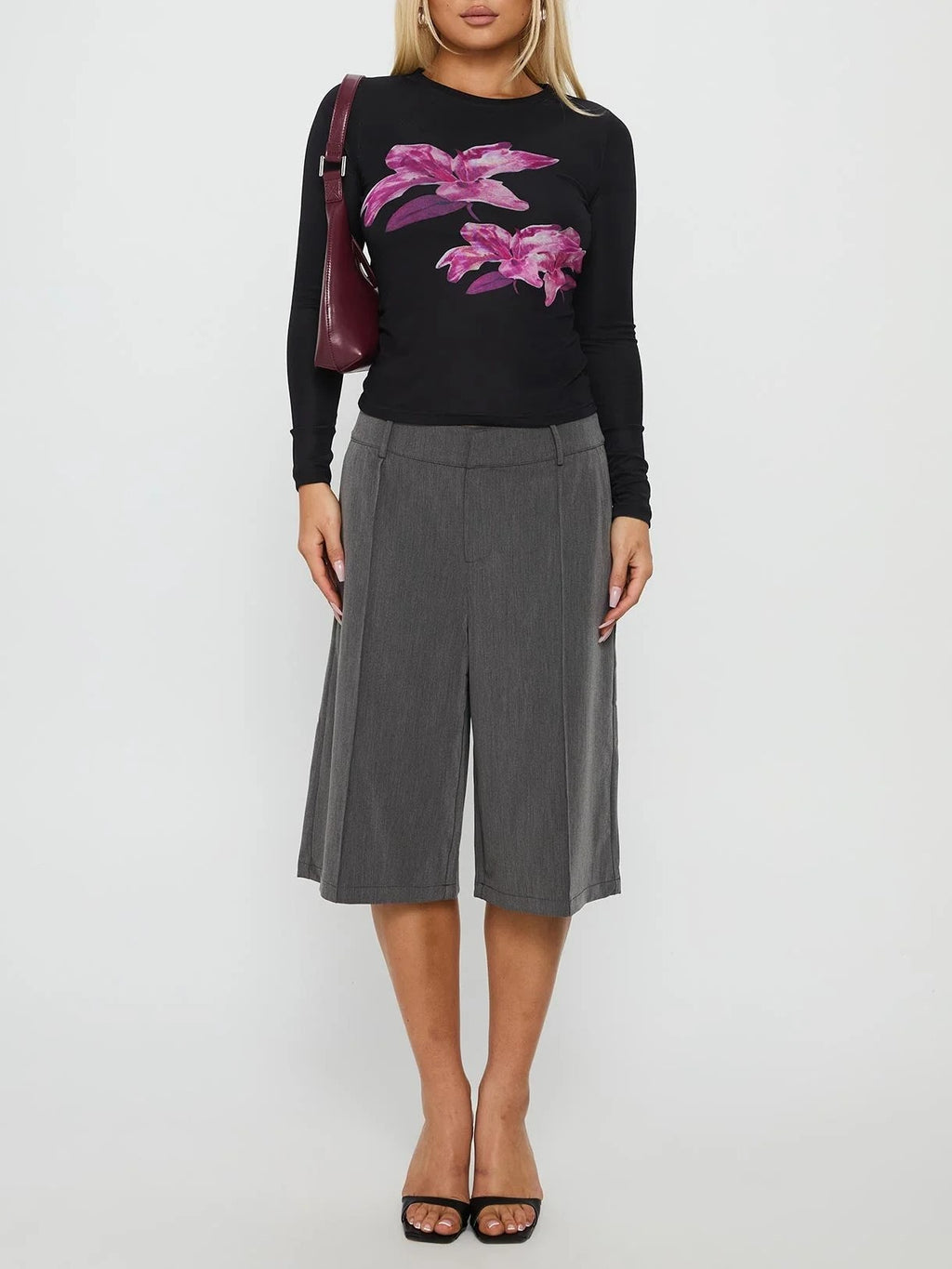 Floral Graphic Long Sleeve Fitted Tee - Black - 4