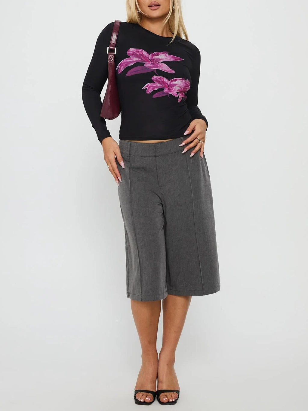 Floral Graphic Long Sleeve Fitted Tee - Black - 7
