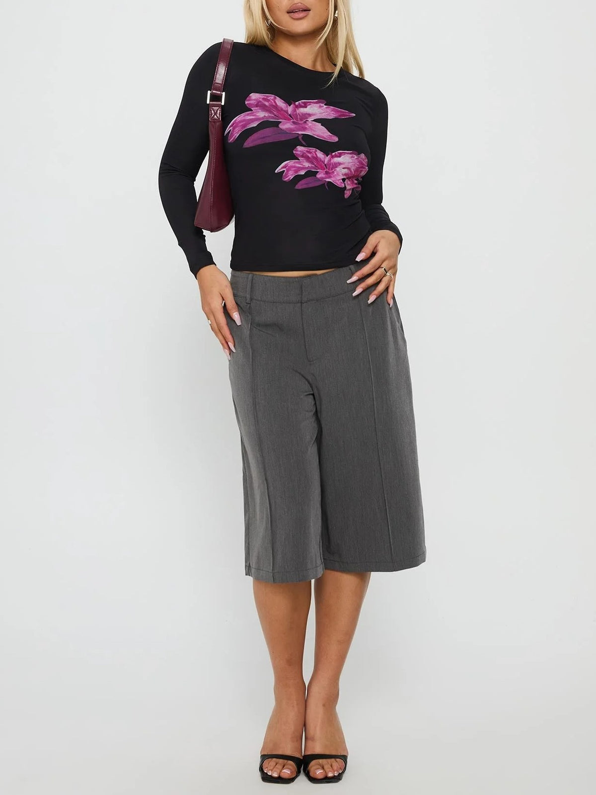 Floral Graphic Long Sleeve Fitted Tee - Black - 7