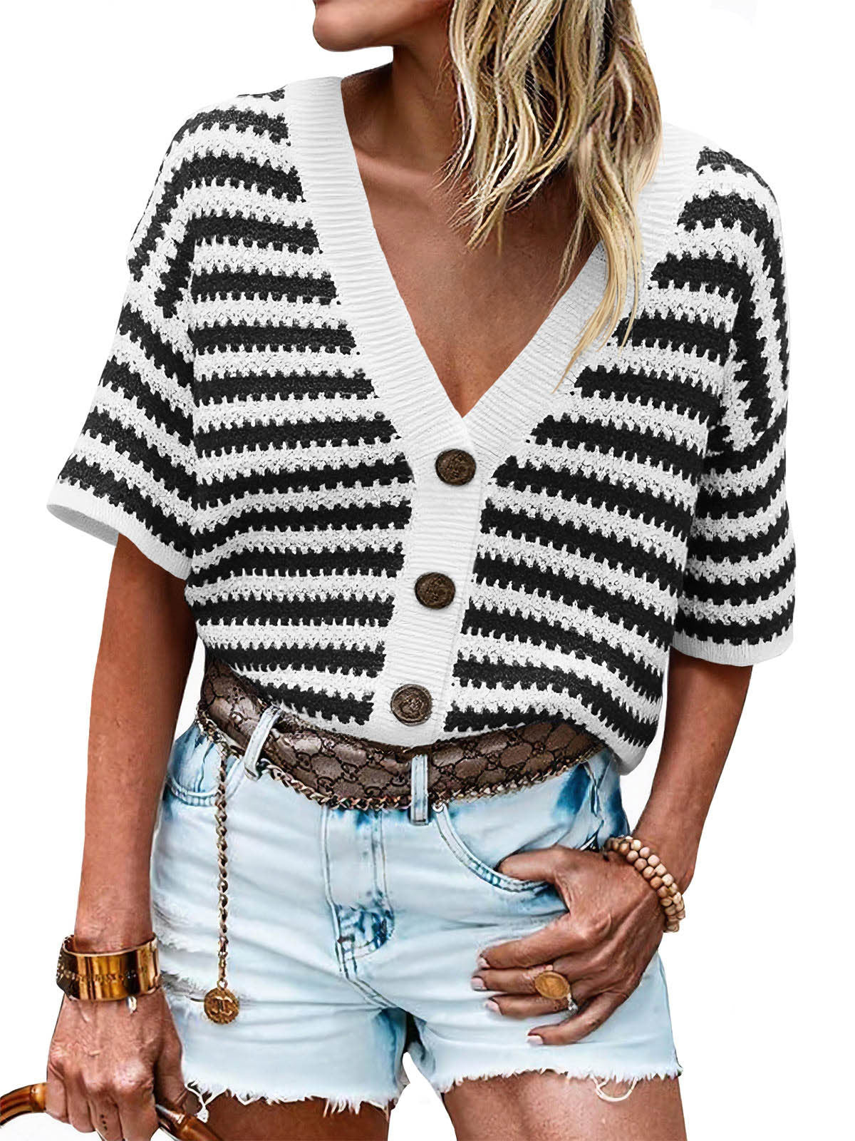 Short Sleeve Striped Button Front Knit Top - Black