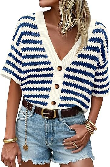Short Sleeve Striped Button Front Knit Top - DarkBlue