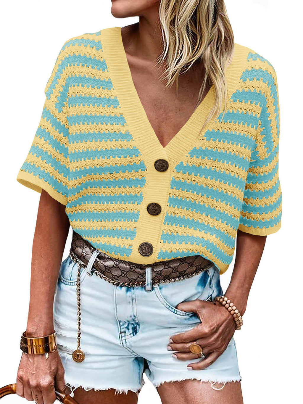 Short Sleeve Striped Button Front Knit Top - LakeBlue