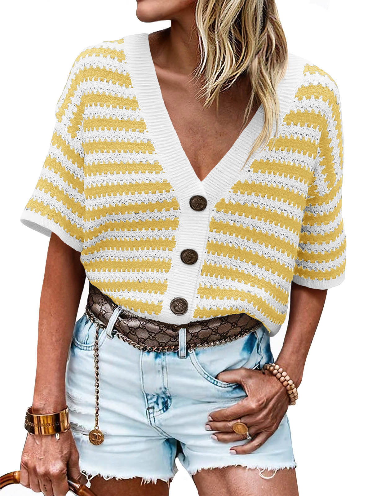 Short Sleeve Striped Button Front Knit Top - Yellow