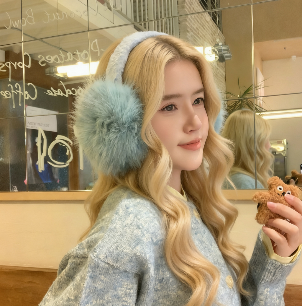 Leopard Plush Pom Winter Earmuffs - Blue