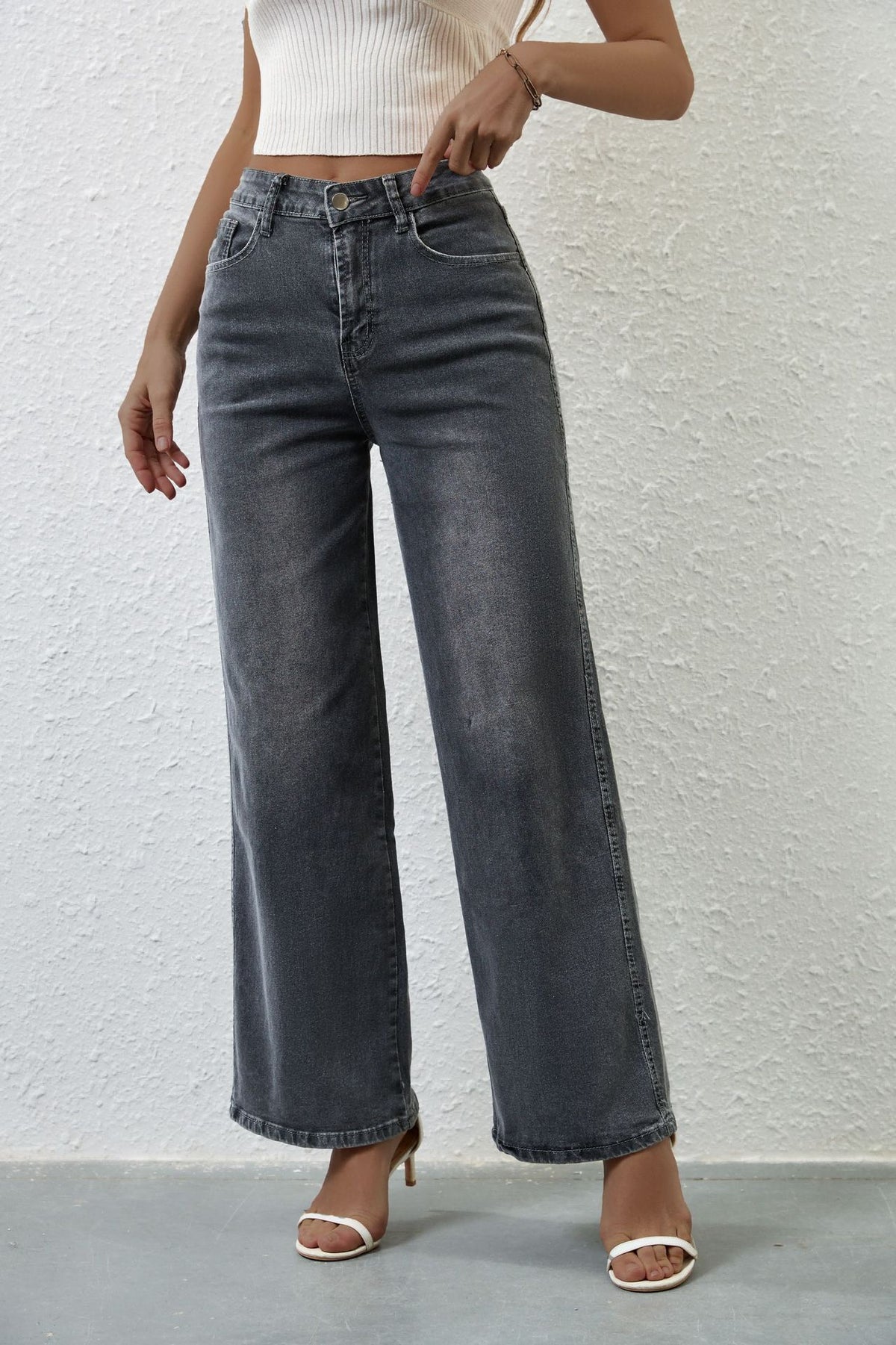 High Rise Wide Leg Raw Hem Jeans - DarkGray