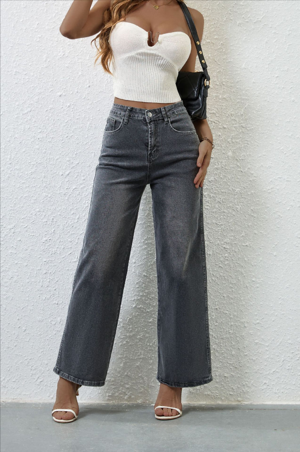 High Rise Wide Leg Raw Hem Jeans - DarkGray - 1