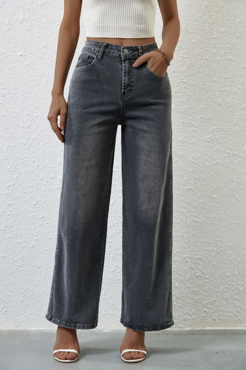 High Rise Wide Leg Raw Hem Jeans - DarkGray - 2