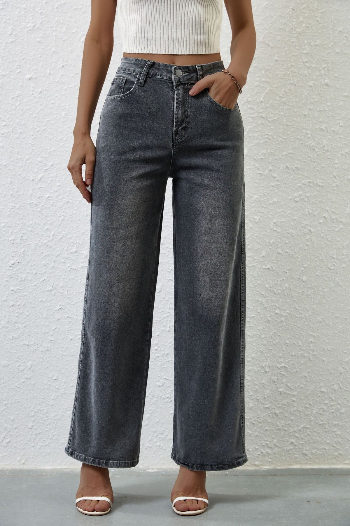 High Rise Wide Leg Raw Hem Jeans - DarkGray - 2