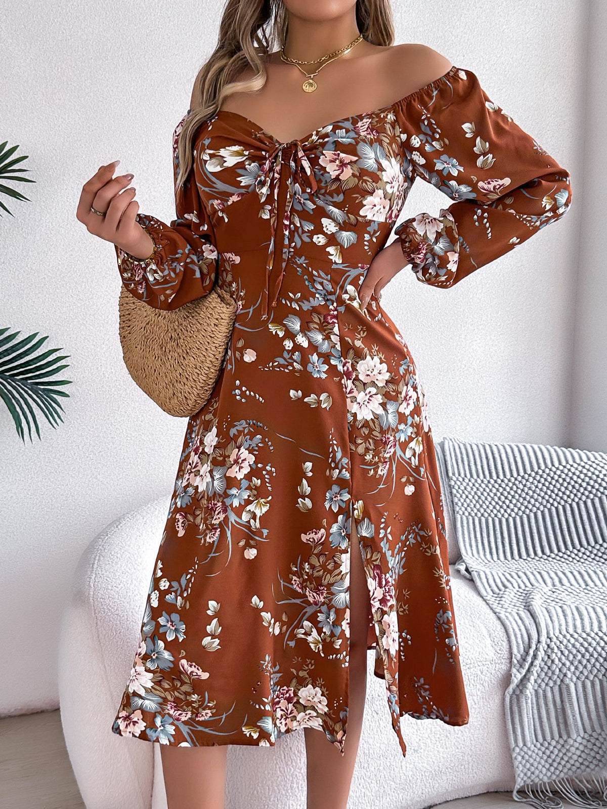 Floral Off Shoulder Tie Front Midi Dress - Brown