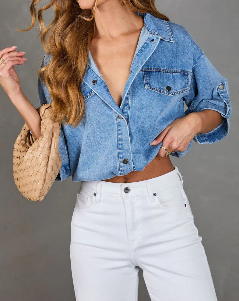 Cropped Denim Blouse With Elbow Puff Sleeves - Blue - 1
