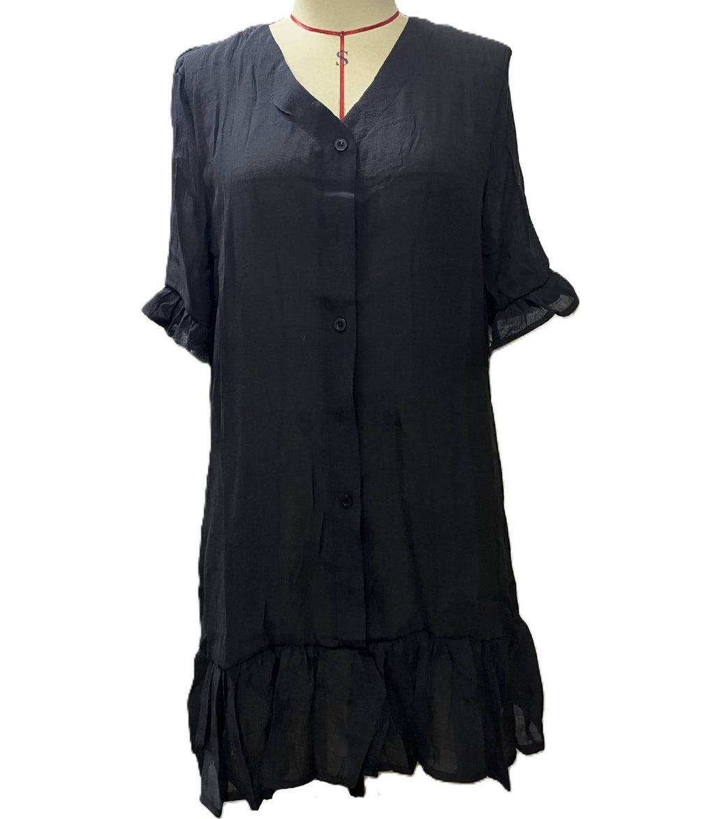 Ruffle Hem Button Down Beach Cover Up - Black