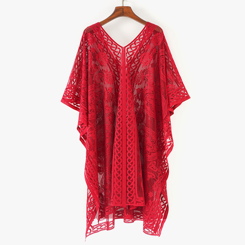 Openwork Lace Kaftan Kimono Wrap - Red