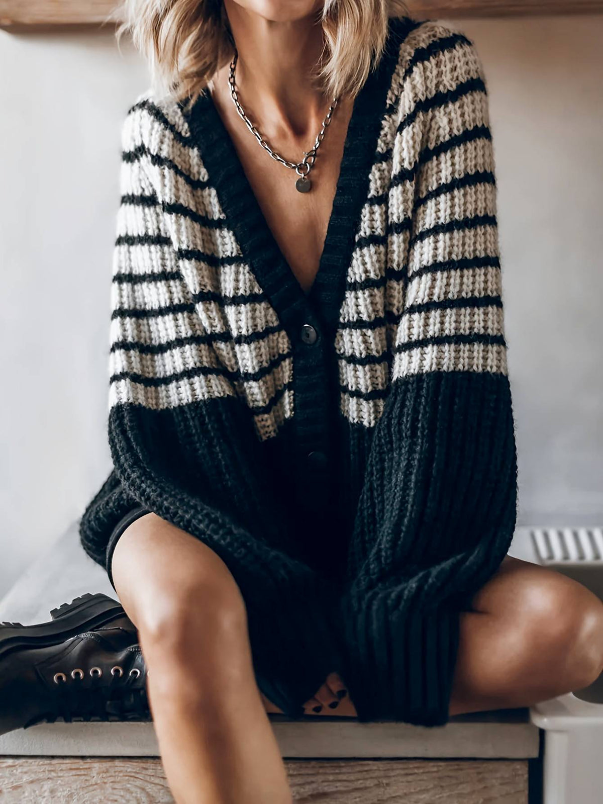 Striped Color Block Button Knit Cardigan - Black