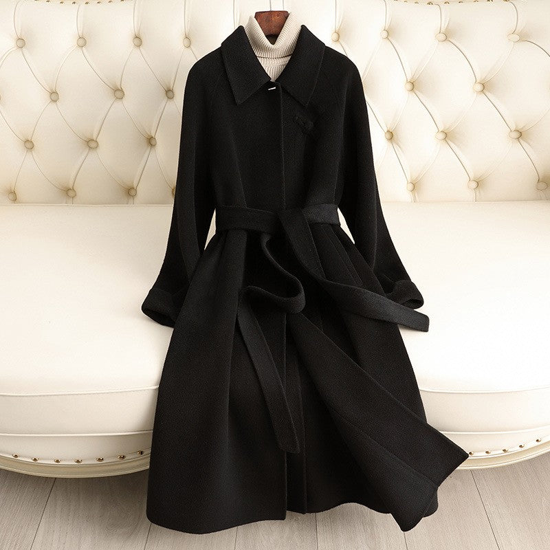 Belted Wool Frog Knot Point Collar Long Coat - Black