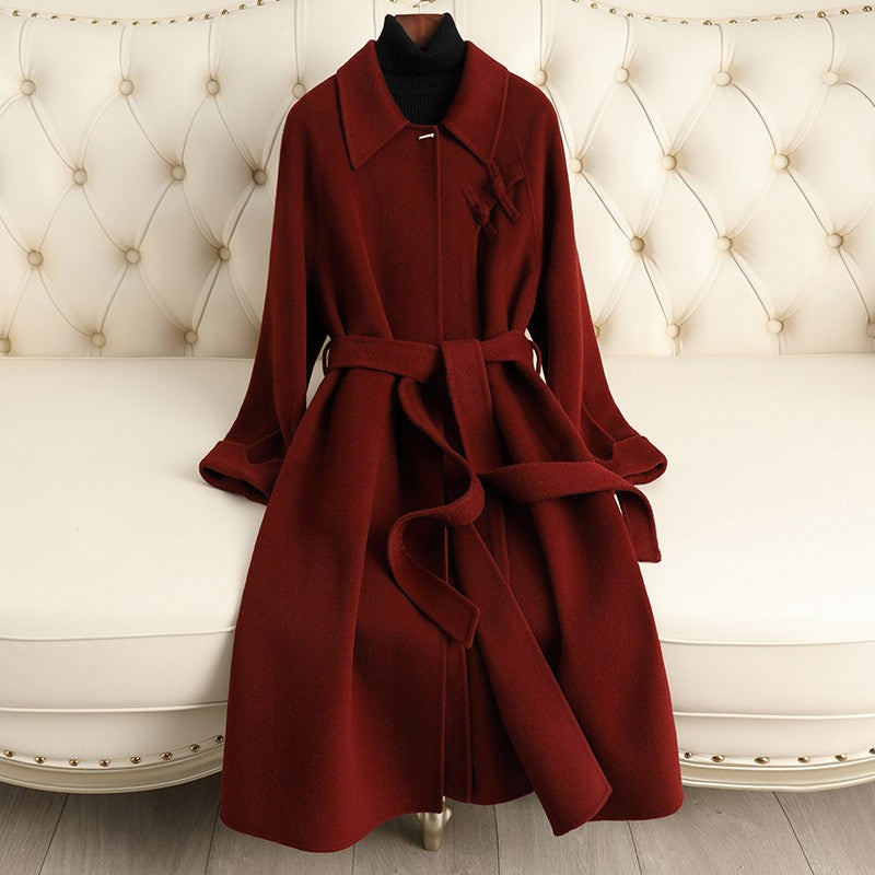 Belted Wool Frog Knot Point Collar Long Coat - Burgundy