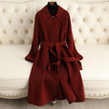 Belted Wool Frog Knot Point Collar Long Coat - Burgundy