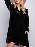 Velvet Split Neck Long Sleeve Swing Dress - Black