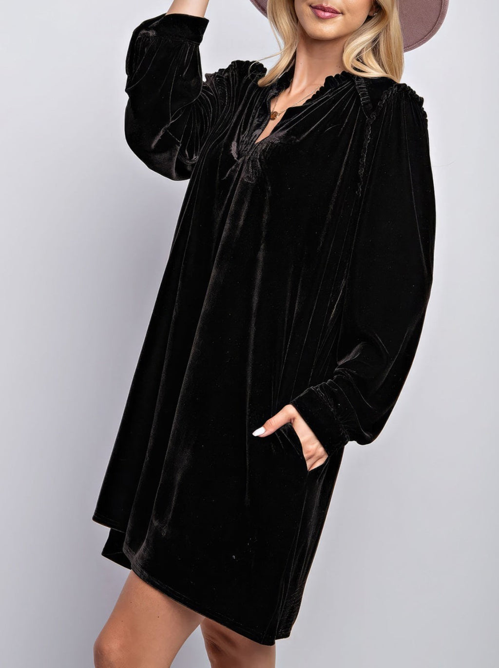 Velvet Split Neck Long Sleeve Swing Dress - Black - 1