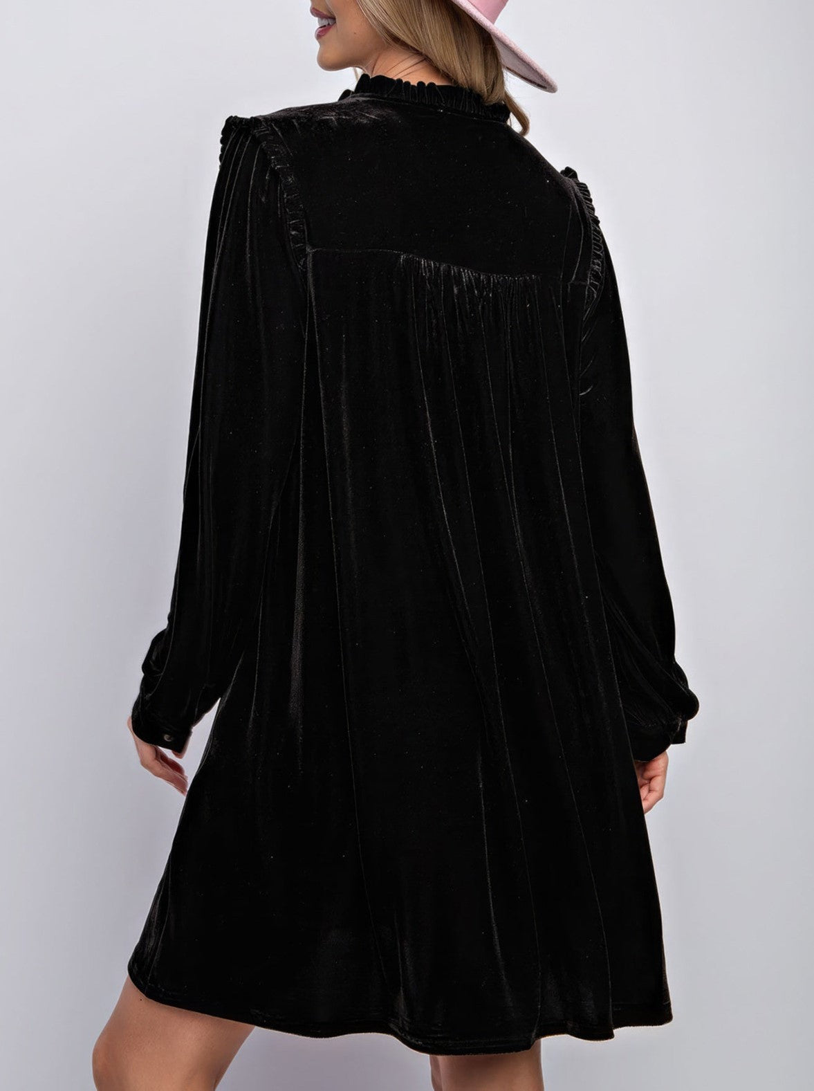Velvet Split Neck Long Sleeve Swing Dress - Black - 2