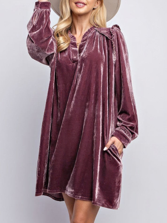 Velvet Split Neck Long Sleeve Swing Dress - Purple