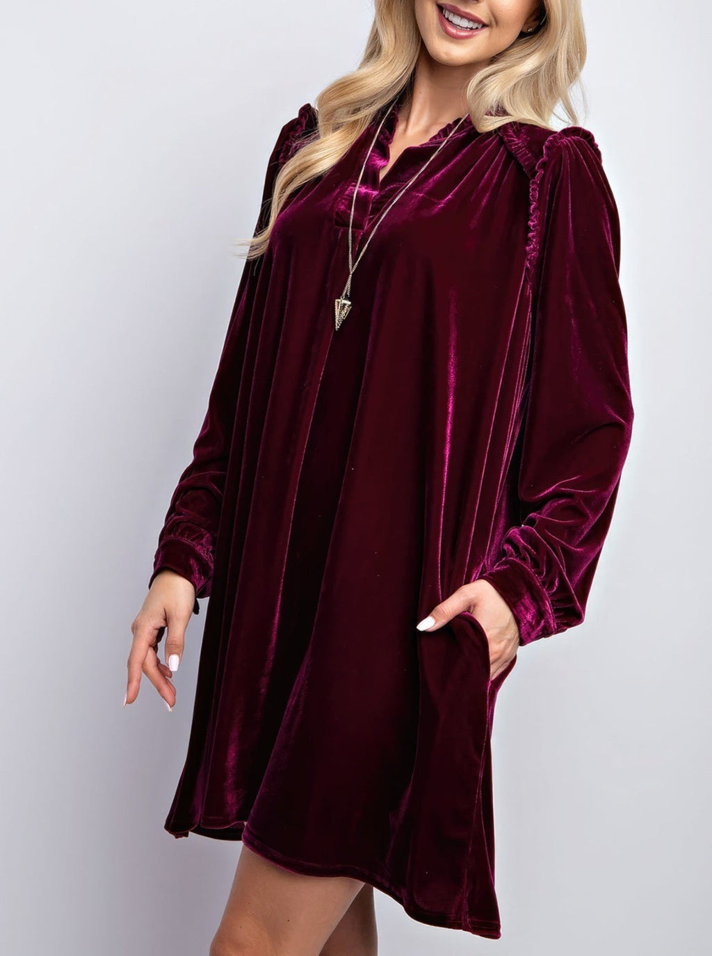 Velvet Split Neck Long Sleeve Swing Dress - Winered