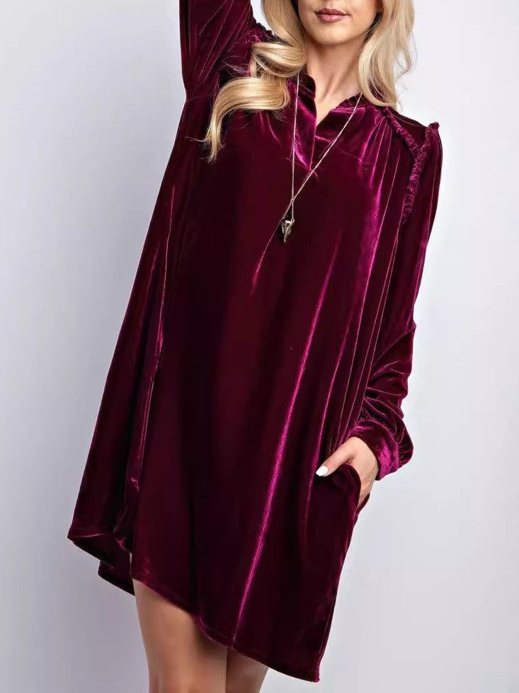 Velvet Split Neck Long Sleeve Swing Dress - Winered - 1
