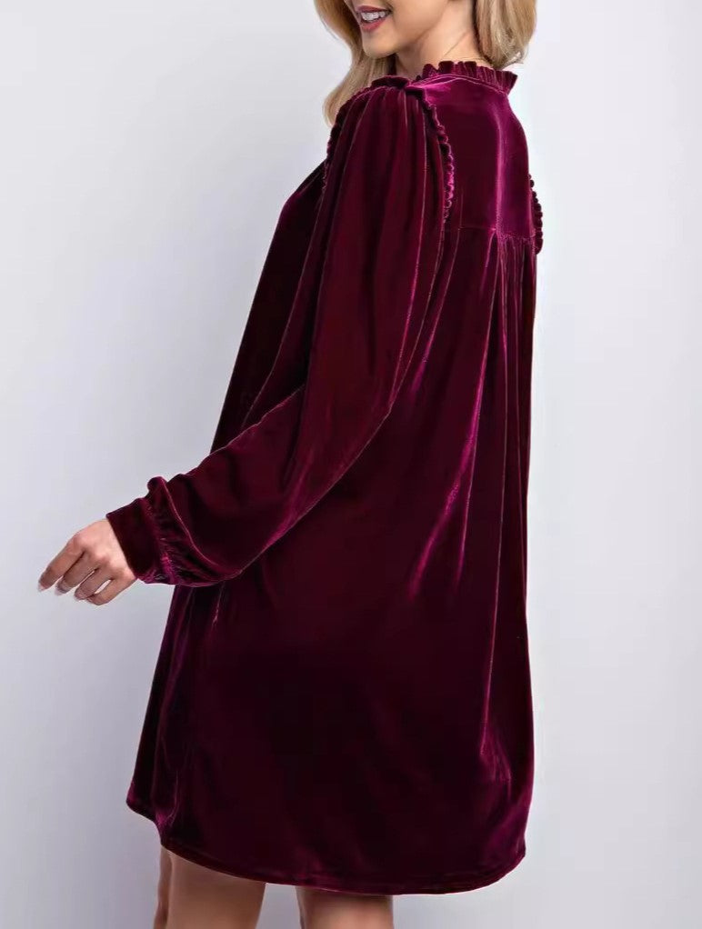 Velvet Split Neck Long Sleeve Swing Dress - Winered - 2