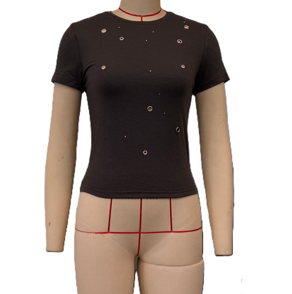 Y2K Grommet Eyelet Fitted T-Shirt - Black - 1