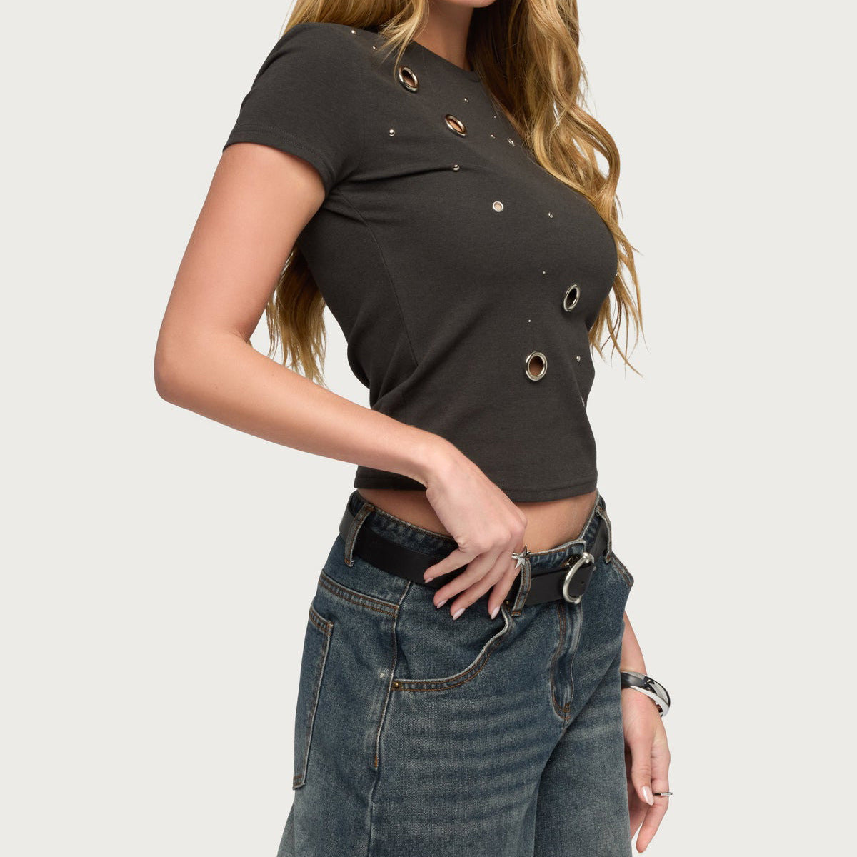 Y2K Grommet Eyelet Fitted T-Shirt - Black - 4