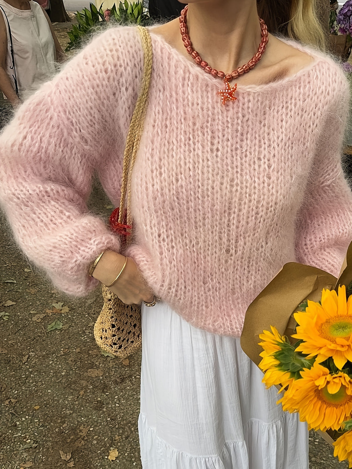 Brushed Fluffy Knit Boat Neck Sweater - view 1