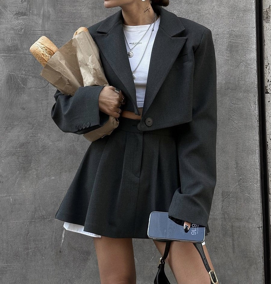 Cropped Blazer and Pleated Mini Skirt Set - Black