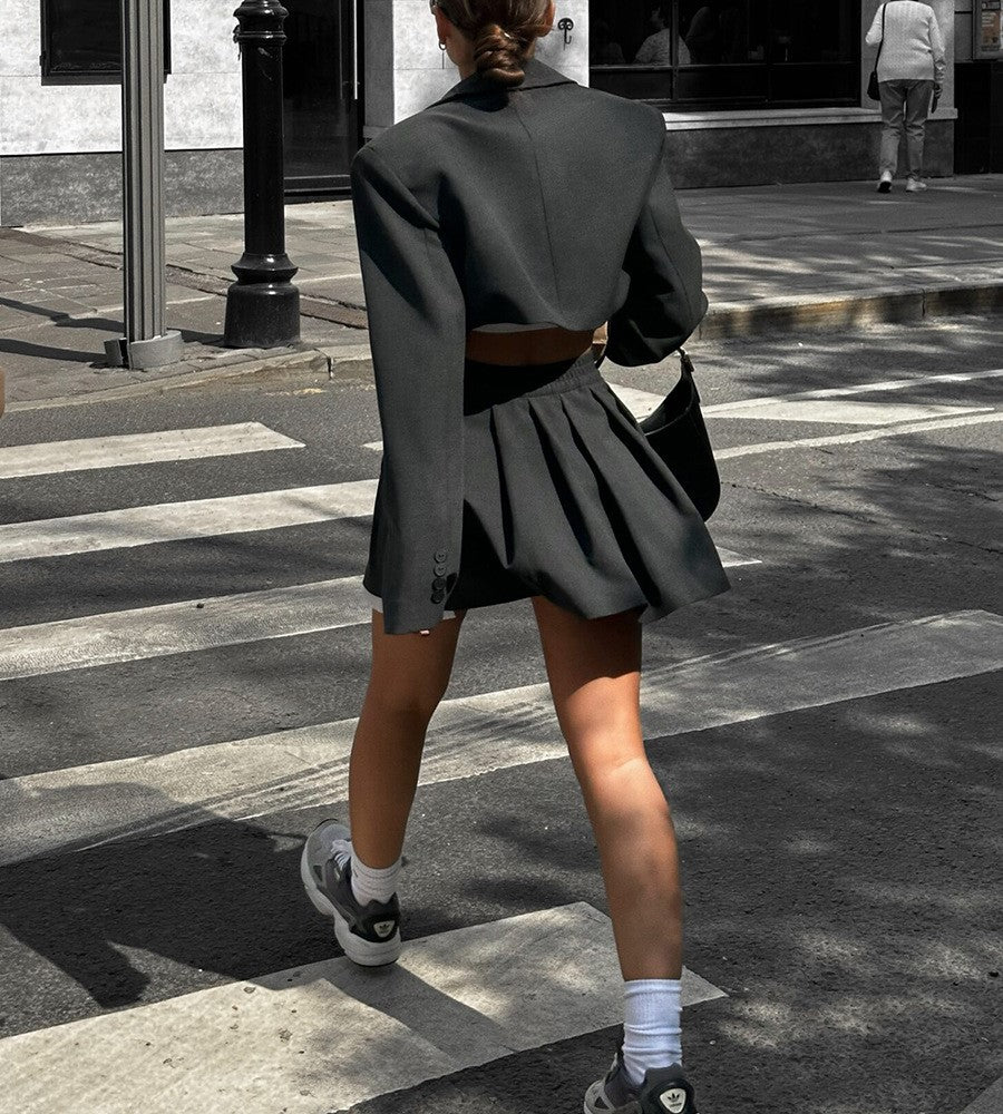 Cropped Blazer and Pleated Mini Skirt Set - Black - 2