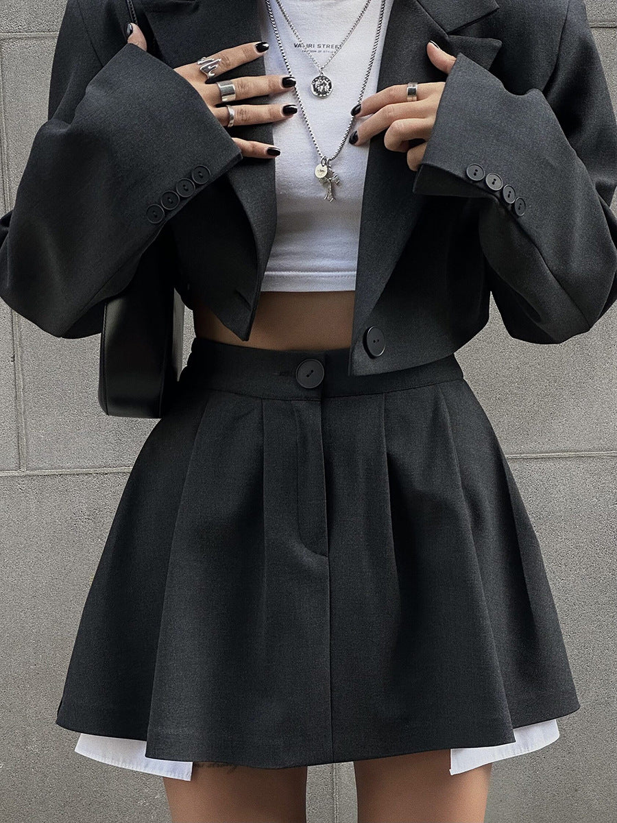 Cropped Blazer and Pleated Mini Skirt Set - Black - 3