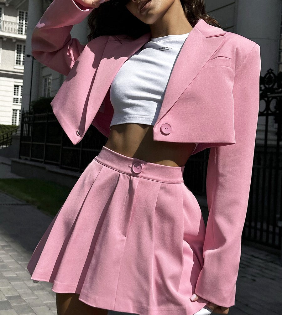 Cropped Blazer and Pleated Mini Skirt Set - Pink
