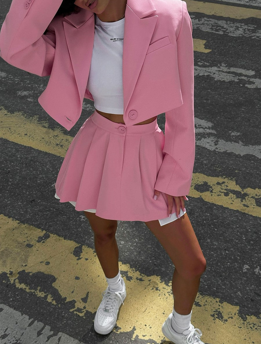 Cropped Blazer and Pleated Mini Skirt Set - Pink - 4