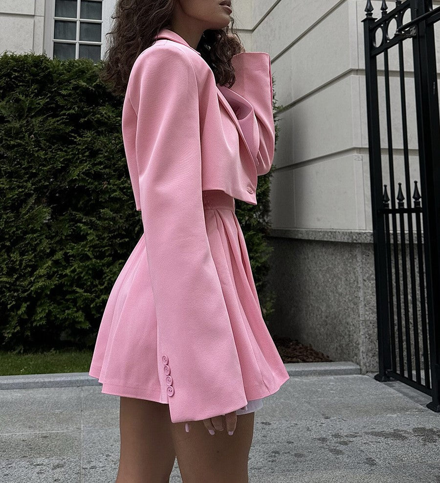 Cropped Blazer and Pleated Mini Skirt Set - Pink - 8