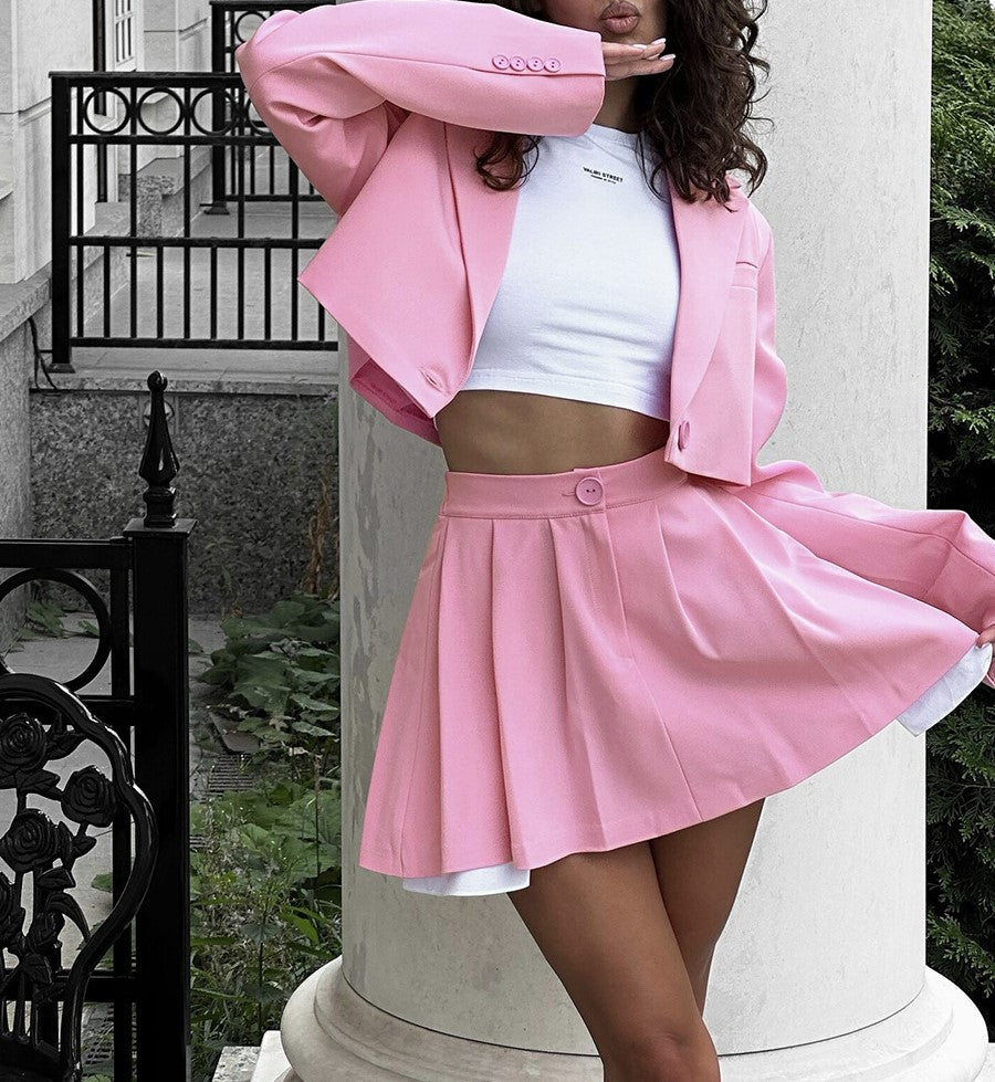 Cropped Blazer and Pleated Mini Skirt Set - Pink - 9