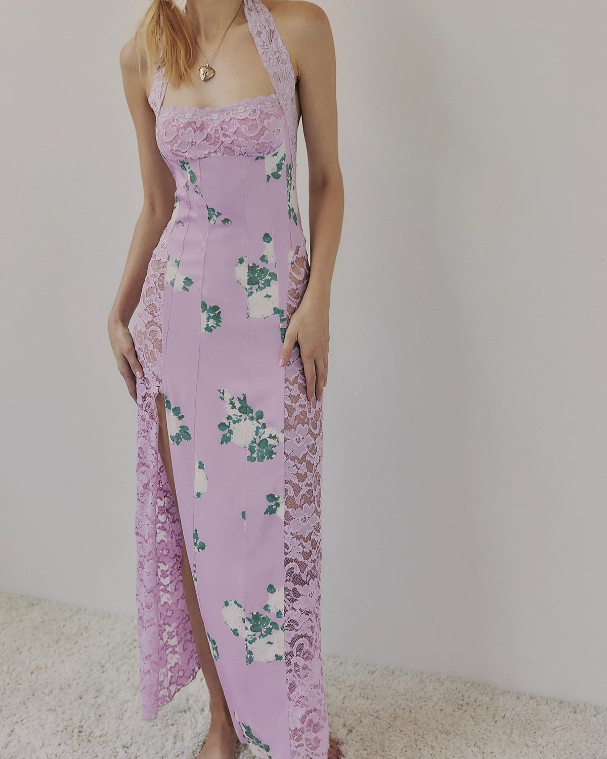 Floral Lace Panel Halter Maxi Dress - Purple