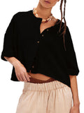Oversized Boxy Button Front Knit Top - Black
