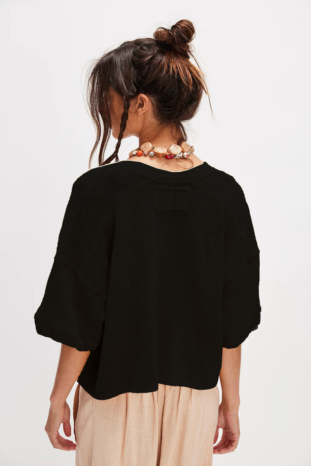 Oversized Boxy Button Front Knit Top - Black - 1