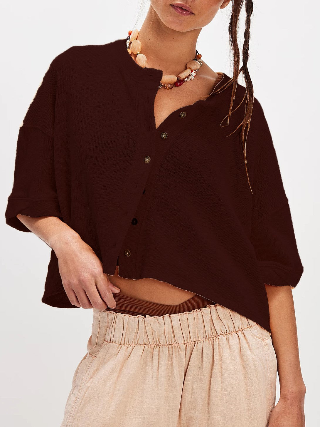 Oversized Boxy Button Front Knit Top - Coffee