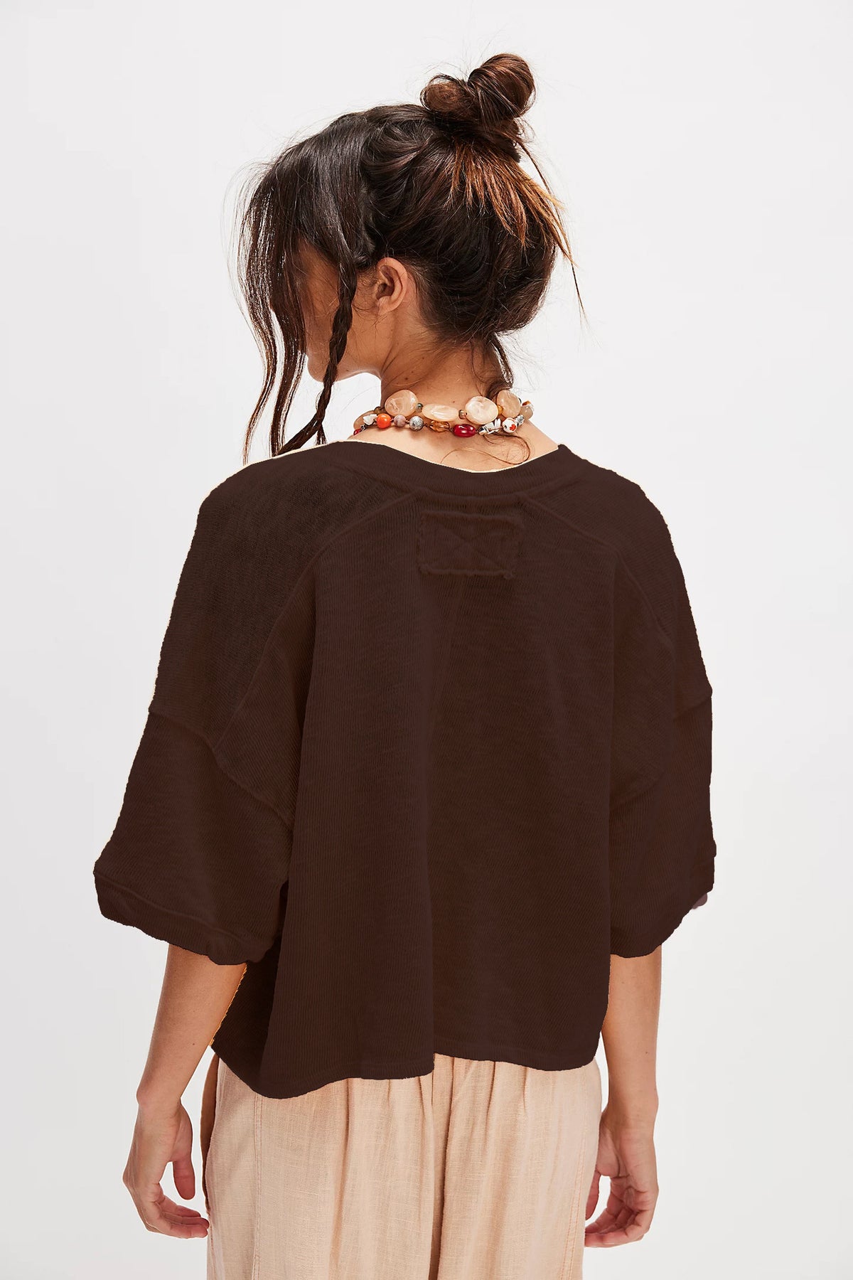Oversized Boxy Button Front Knit Top - Coffee - 1