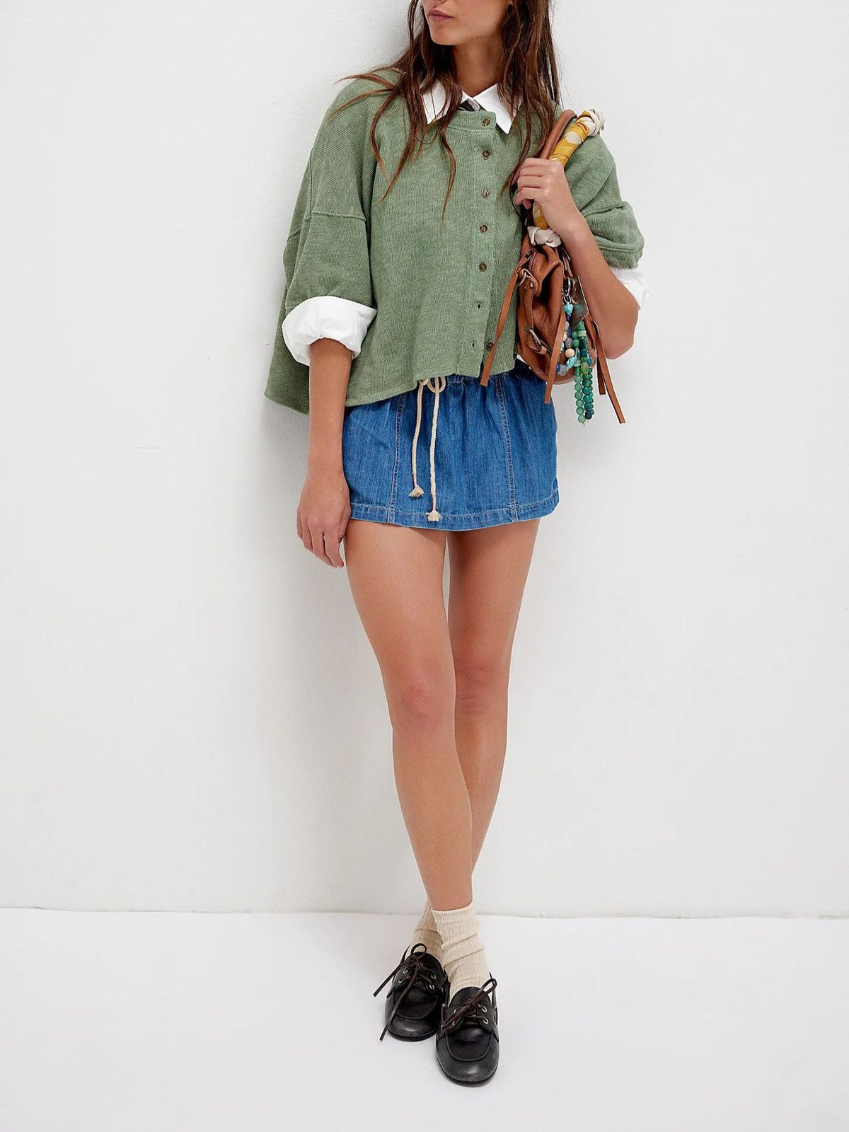 Oversized Boxy Button Front Knit Top - Green - 2