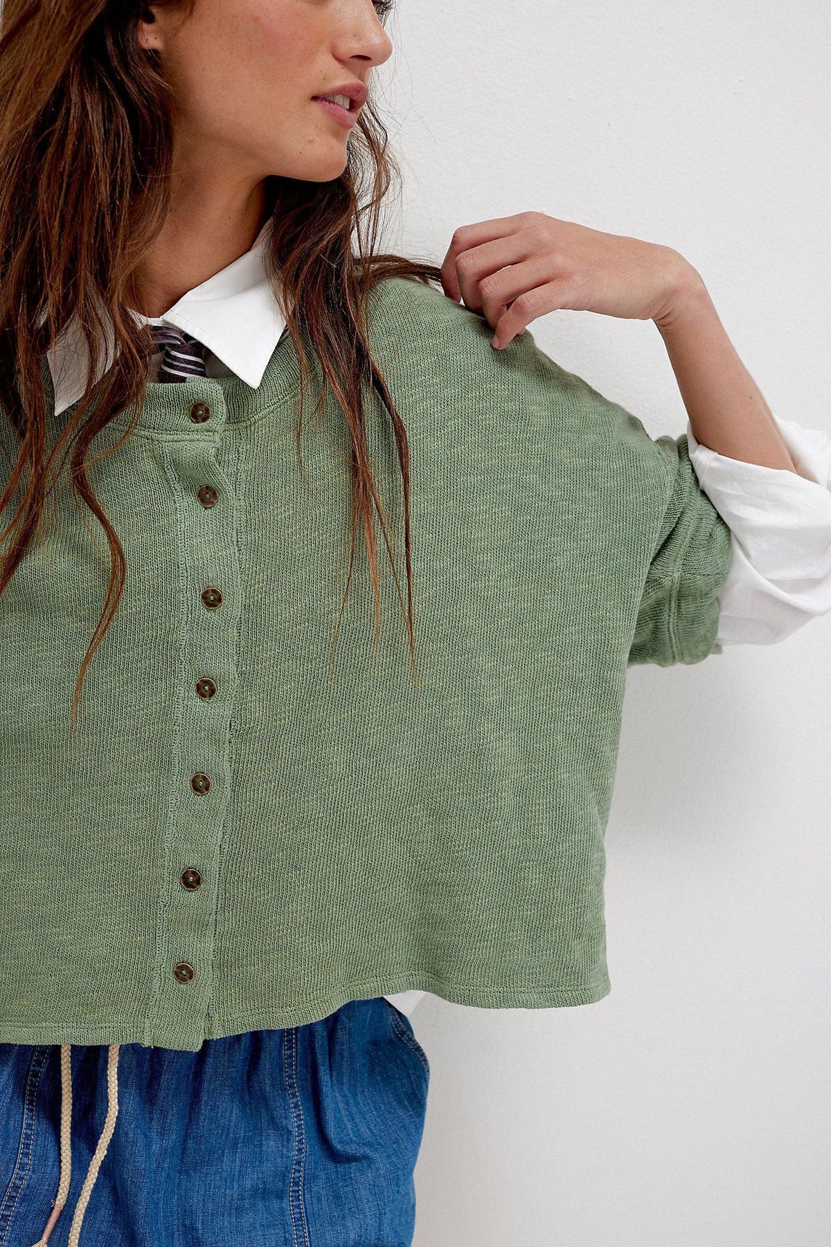 Oversized Boxy Button Front Knit Top - Green - 3