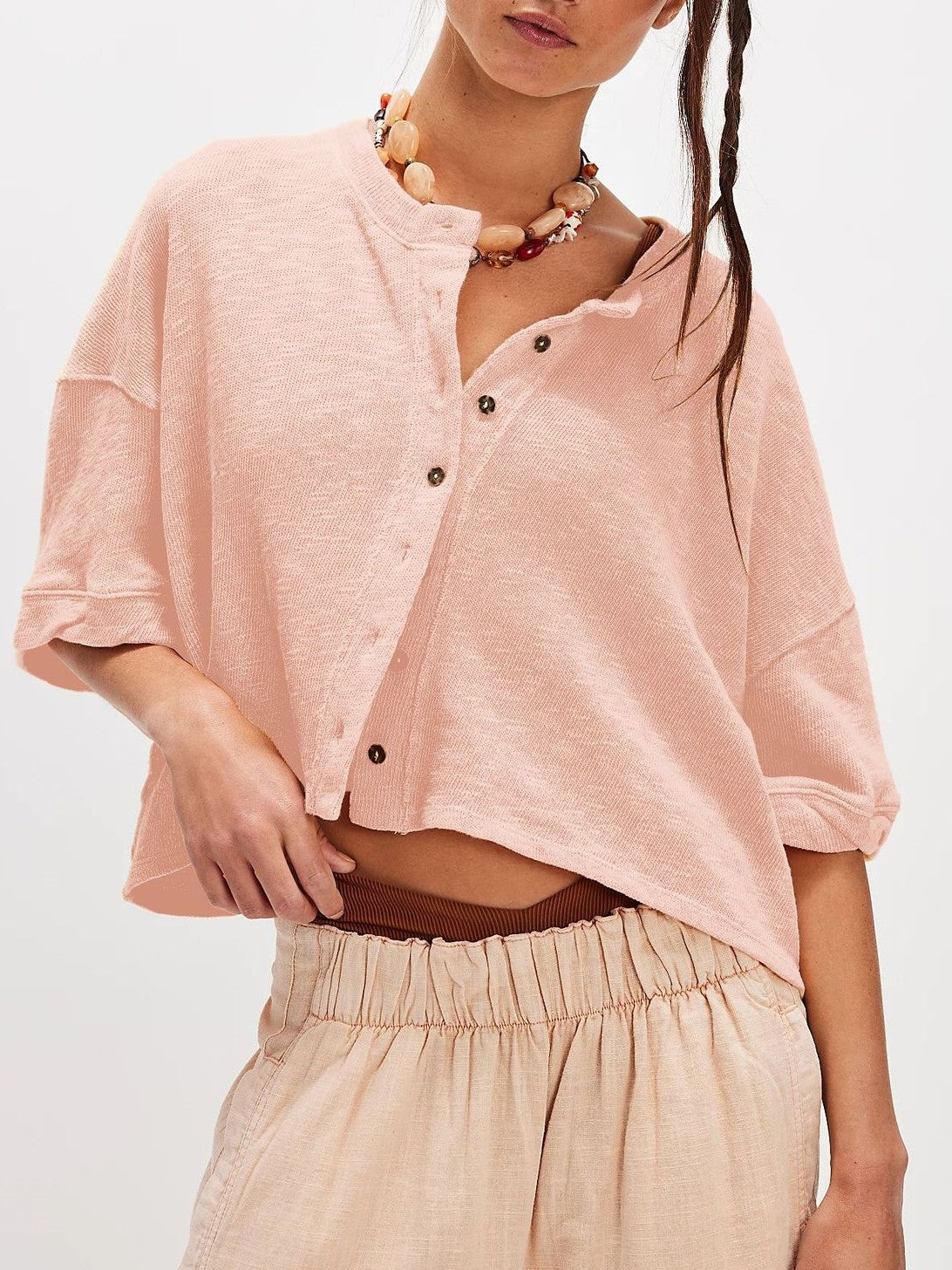 Oversized Boxy Button Front Knit Top - Pink