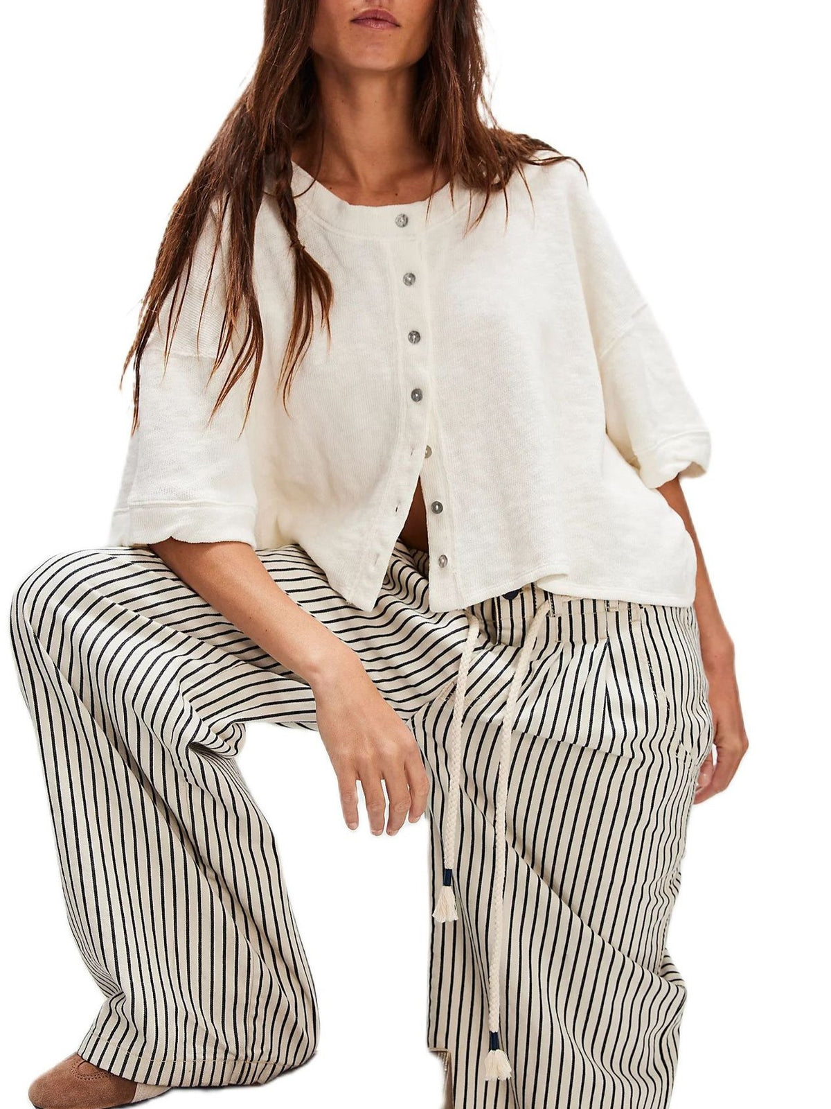 Oversized Boxy Button Front Knit Top - White