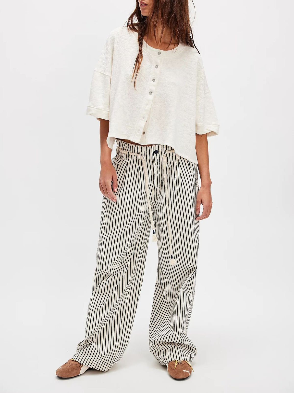Oversized Boxy Button Front Knit Top - White - 2