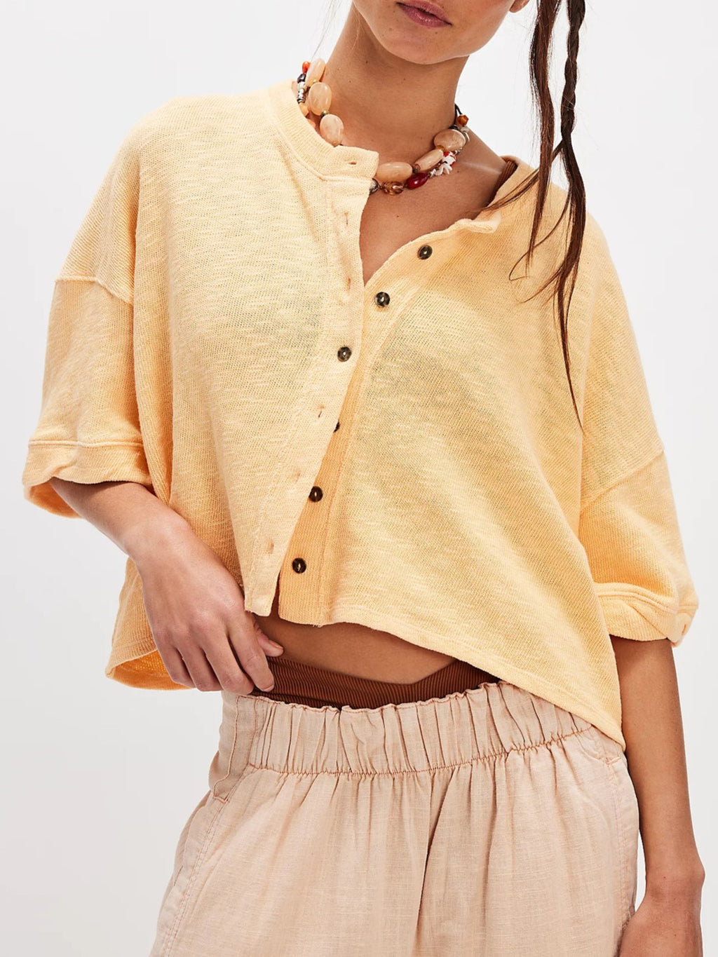 Oversized Boxy Button Front Knit Top - Yellow